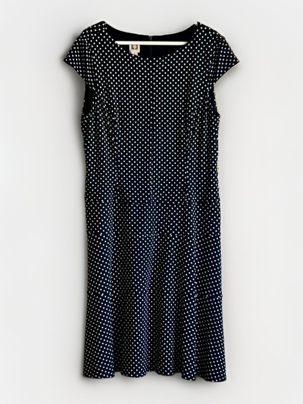 Anne Klein Polka Dot Dress Black White Cap Sleeve Fit Flare Jersey Knit Size 16